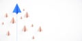 Paper Airplanes in Formation on a White Background, One Blue Leading. 3D Rendering Royalty Free Stock Photo