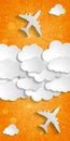 paper airplanes with paper clouds on an orange striped background