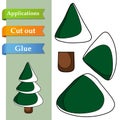 Paper application the cartoon Christmas Tree in snow. Use scissors cut parts of Tree and glue on paper. Easy education logic game