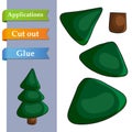 Paper application the cartoon New Year Tree. Use scissors cut parts of christmas Tree and glue on paper. Easy education logic game