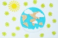 paper application: planet Earth, continents, clouds, sun and green viruses around on a white background. Coronavirus pandemic