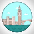 Paper applique style vector illustration. Card with application of Big Ben Tower and Westminster Palace. London.Postcard