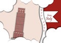 Paper applique style vector illustration. Card with application of Leaning Tower of Pisa, Italy decorated with text from