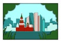 Paper applique style vector illustration. Card with application of Moscow ponorama with Kremlin and Moscow City Business