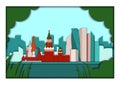 Paper applique style vector illustration. Card with application of Moscow ponorama with Kremlin, St. Basil`s Cathedral