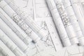 Paper architectural drawings and blueprint. Engineering blueprint Royalty Free Stock Photo