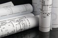 Paper architectural drawings and blueprint. Engineering blueprint Royalty Free Stock Photo