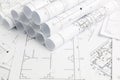 Paper architectural drawings and blueprint. Engineering blueprint Royalty Free Stock Photo