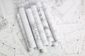 Paper architectural drawings and blueprint. Engineering blueprint Royalty Free Stock Photo