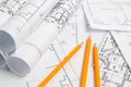 Paper architectural drawings, blueprint and pencil. Engineering blueprint Royalty Free Stock Photo