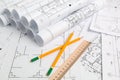 Paper architectural drawings, blueprint, pencil and ruler. Engineering blueprint Royalty Free Stock Photo