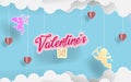 Paper art alentine`s day. Love angels flying between origami paper clouds and hearts in candy background. illustration