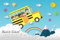 Paper art of Back to school, kids on School bus, education concept, paper cut style vector illustration isolated on background Royalty Free Stock Photo