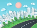 Paper art background with city view. Fluffy paper clouds, road