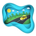 Paper art background, yellow car on the road near green lawn