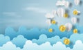 Paper art of balloon with bitcoin money on business and management concept and idea,blue sky,cloud,vector