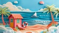 Paper Art Beach Scene with Sailboat and Cabin