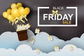 Paper art of black friday balloon with heart,yellow,black,vector