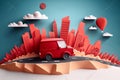 Paper art , Car on a road , one day trip in the summer , Escape from the city with goes on holiday weekend