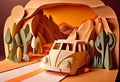 Paper art , Car on a road , one day trip in the summer , Escape from the city with goes on holiday weekend. Generate Ai