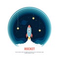 Paper art carving the rocket flying in space. Concept business idea, startup, exploration.