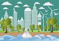 Paper art of city with sea and beach background, origami concept and ecology idea, vector illustration