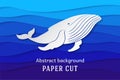 Paper art concept. Blue origami craft paper sea waves. White humpback whale. Underwater background with place for text