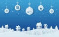 Paper art concept of christmas balls hanging with ribbon in snowy village scene. Merry christmas and happy new year. Royalty Free Stock Photo