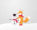 Paper art concept. A happy fox build a snowman on snow field in paper cut style