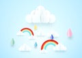 Paper art concept. Rainy and cloud with rainbow background