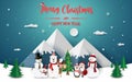 Paper art, Craft style of Christmas party with Santa Claus and friends at the snow mountain Royalty Free Stock Photo