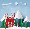 Paper art, Craft style of Christmas party with Santa Claus at red house Royalty Free Stock Photo