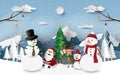 Paper art, Craft style of Christmas party with Santa Claus, Snowman and reindeer in the forest Royalty Free Stock Photo