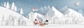 Paper art, Craft style of Countryside Landscape Santa Claus and snowman in village with snow mountain Royalty Free Stock Photo