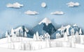 Paper art, Craft style of Landscape countryside village at snow valley in winter season