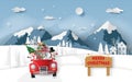 Paper art, Craft style of Santa Claus and friends in red car driving through the village Royalty Free Stock Photo