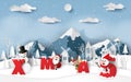 Paper art, Craft style of Santa Claus and friends with word XMAS in village countryside Royalty Free Stock Photo