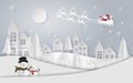 Paper art, craft style of Santa Claus and reindeer coming to the village to give children a gift with snowing, Merry Christmas an Royalty Free Stock Photo