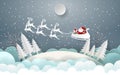Paper art, Craft style of Santa Claus and reindeer flying on the sky to give children a gift Royalty Free Stock Photo