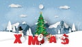 Paper art, Craft style of Santa Claus, Reindeer and Snowman with word XMAS at the snow mountain Royalty Free Stock Photo