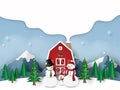 Paper art, Craft style of Snowman`s family with red house in Christmas day Royalty Free Stock Photo