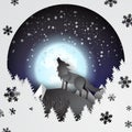 Paper art and craft of Wolf on mountian with snow and full moon
