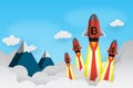 Paper art of currancy rocket,dollar yen euro and bitcoin luanch to the sky over the mountain vector eps 10, in concept stock finan