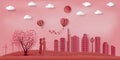 Paper art , cut and Carving design of Lover in the pink park with hot air balloon in sky as romantic , lovely and craft style