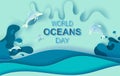 Paper art and cut concept of World Oceans Day. Celebration dedicated to help protect sea earth and conserve water ecosystem. Blue Royalty Free Stock Photo