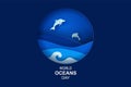 Paper art and cut concept of World Oceans Day. Celebration dedicated to help protect sea earth and conserve water ecosystem. Blue Royalty Free Stock Photo