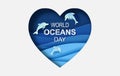 Paper art and cut concept of World Oceans Day. Celebration dedicated to help protect sea earth and conserve water ecosystem. Blue Royalty Free Stock Photo