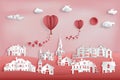 Paper art , cut and craft style design of pink village with the Lover in hot air balloon in sky as valentine, romantic and lovely