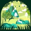 Paper art, cut and craft style of Green forest and deers wildlife with nature background layers as Saving the world with