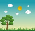 Paper art cut design with Cloud and tree on landscape, Blue sky with clouds and sun. Royalty Free Stock Photo